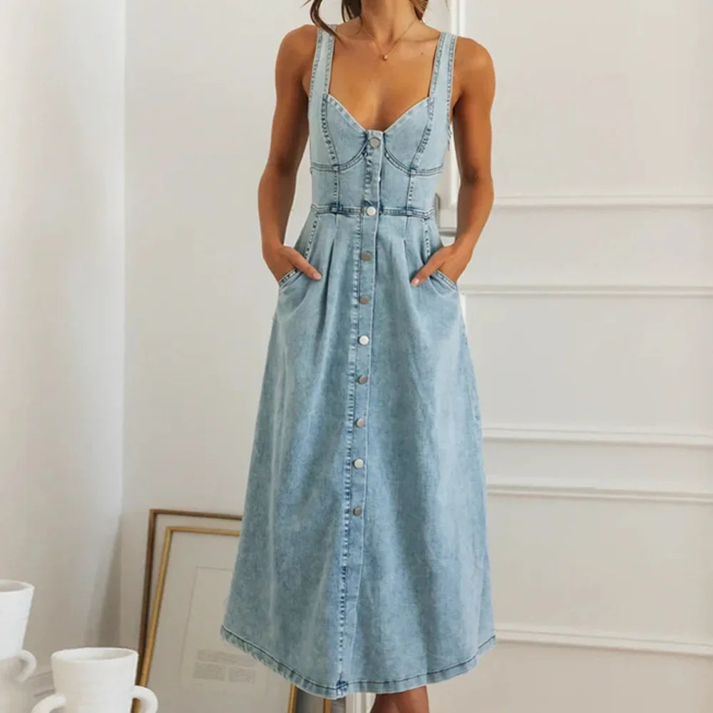Maya Chic Denim Suspender Dress