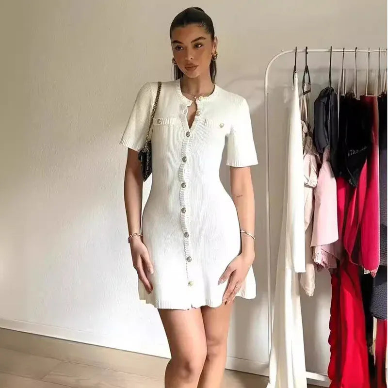 Alessia Gold-Button Knit Dress
