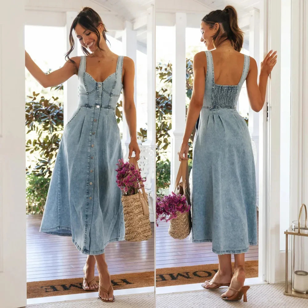Maya Chic Denim Suspender Dress